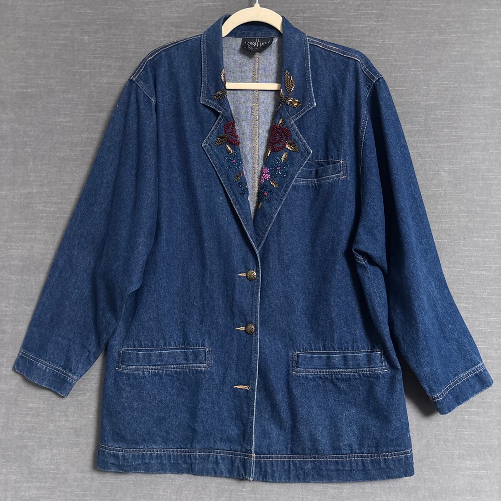 Vintage Carole Little Blazer 6 Blue Cotton Beaded Floral Denim Western Oversized
